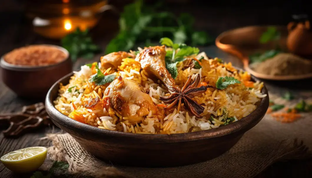 gourmet chicken biryani with steamed basmati rice.